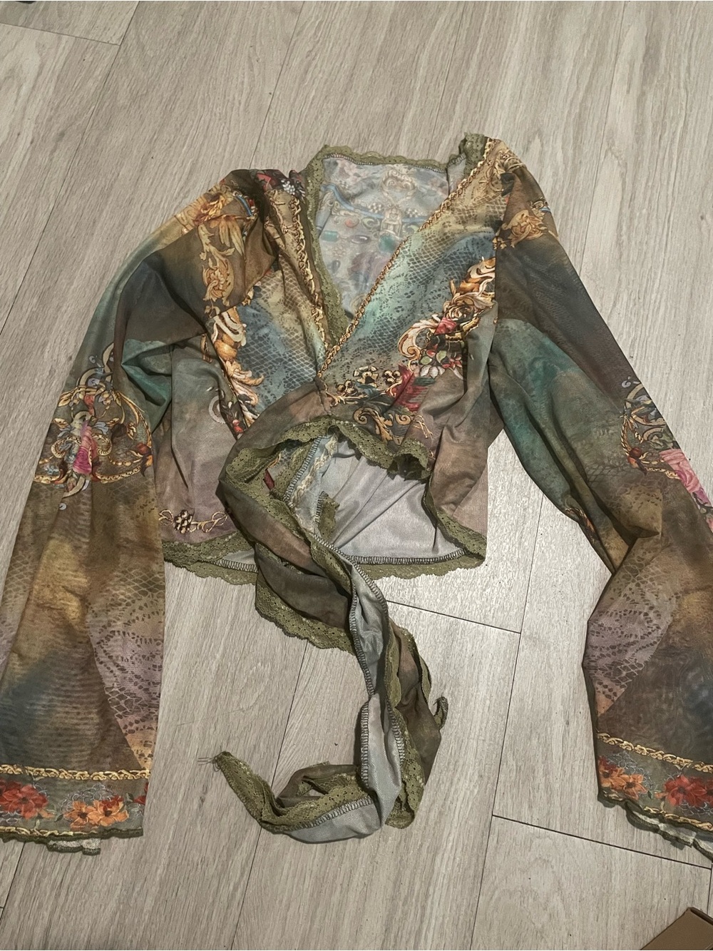 Sheer Olive Green Wrap Top with Baroque Print